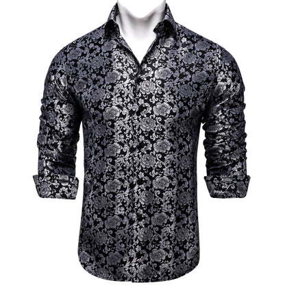 Men's Long Sleeve Black Paisley Silk Dress Shirts Casual Tuxedo Social Shirt Luxury Designer Men Clothing