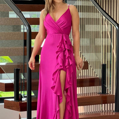 Women Maxi Dress Sleeveless Spaghetti Strap Solid Ruffle Slit V Neck Elegant Casual Long Satin Dresses High Streetwear