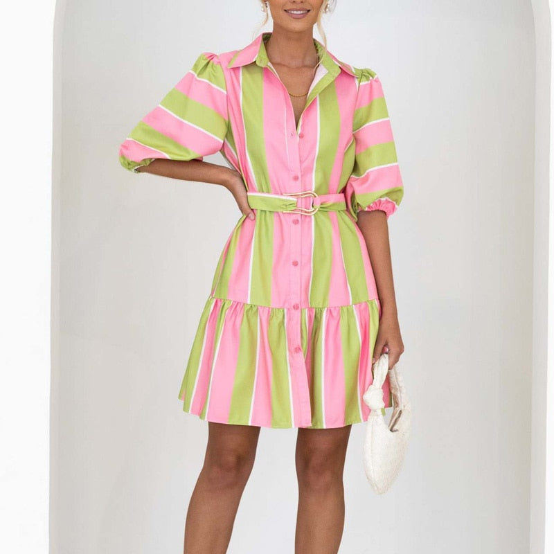 vmtvr - Fashion Striped Print Button Shirt Dress Women Casual Lantern Sleeve Mini Dress Elegant Loose Ladies Belted A-Line Beach Dresses