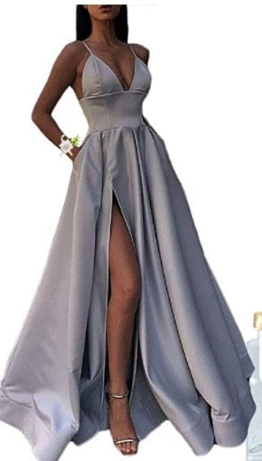 Sexy V- Neck Satin Prom Dresses Spaghetti Straps Side Slit Floor Length Evening Dress Party Dress Robe Soirée