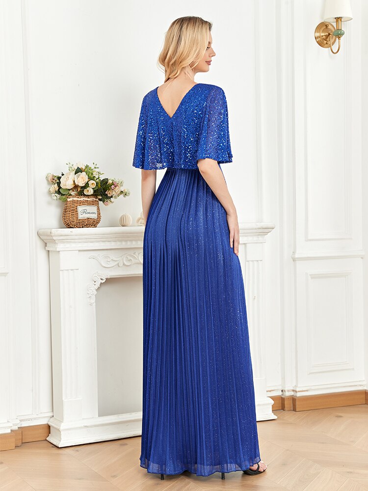 Royal Blue V Neck Backless Stretch Sequin Mermaid Maxi Dress Women Short Sleeves Evening Night Wedding Party Dresses