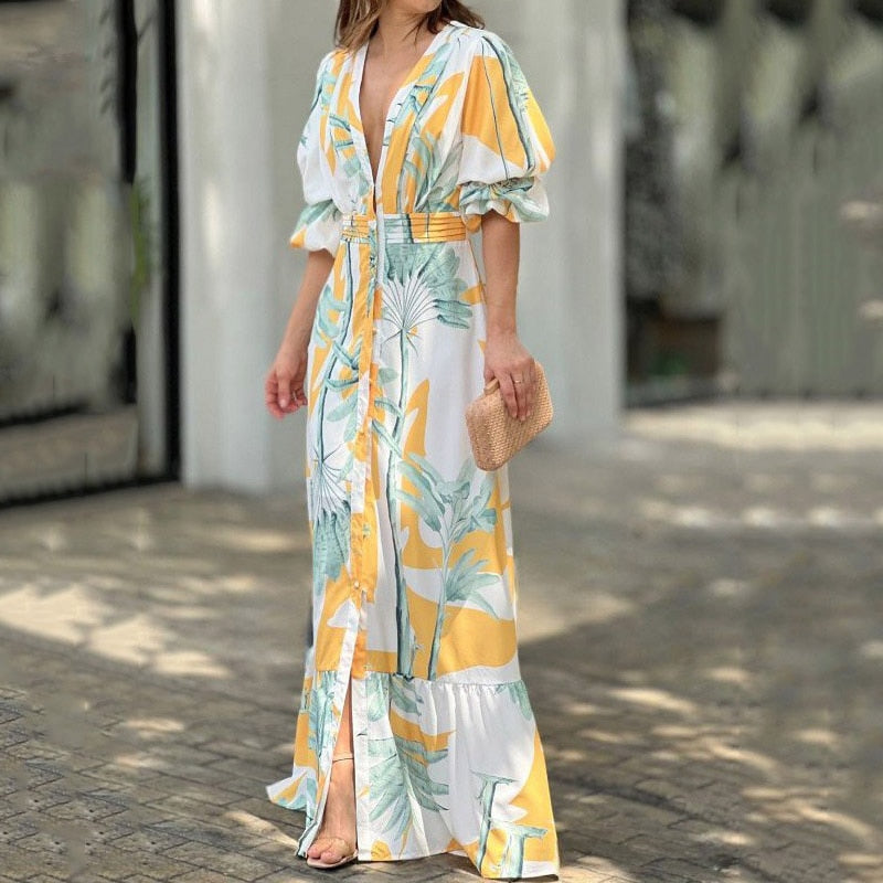 vmtvr Women Maxi Dress Summer Stylish Print Short Puff Sleeve V Neck Nipped Waist Slim Single Row Button Beach Party Dresses