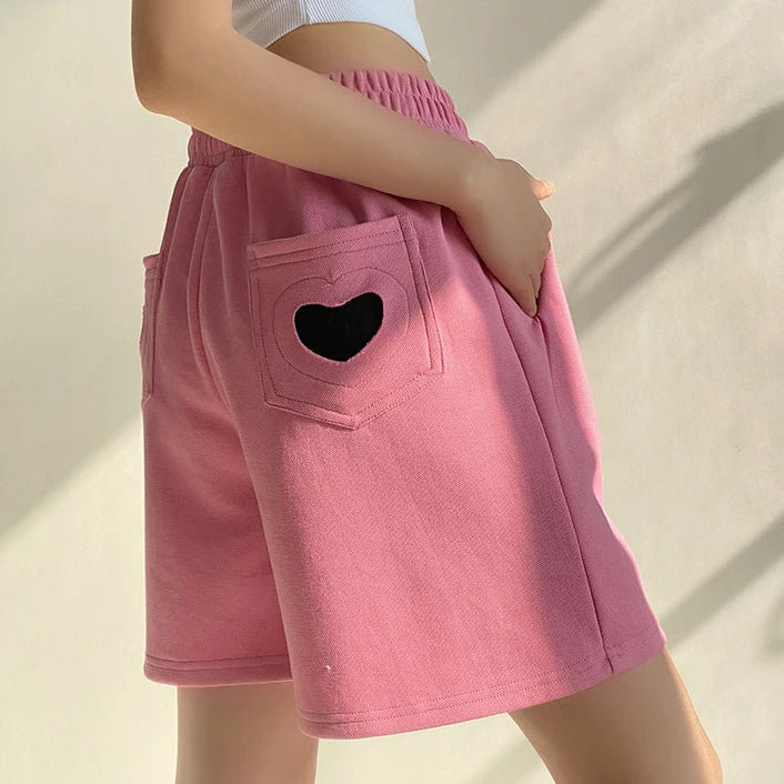 vmtvr Women Summer Black Sports Shorts Fashion Love Pocket High Waist Straight Shorts Korean All Match Female Casual Loose Short