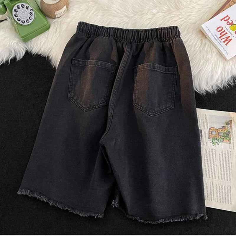 vmtvr Women Ripped Denim Shorts Summer Korean Fashion Tassels Loose Wide Leg Pants Casual Streetwear Female High Waist Shorts