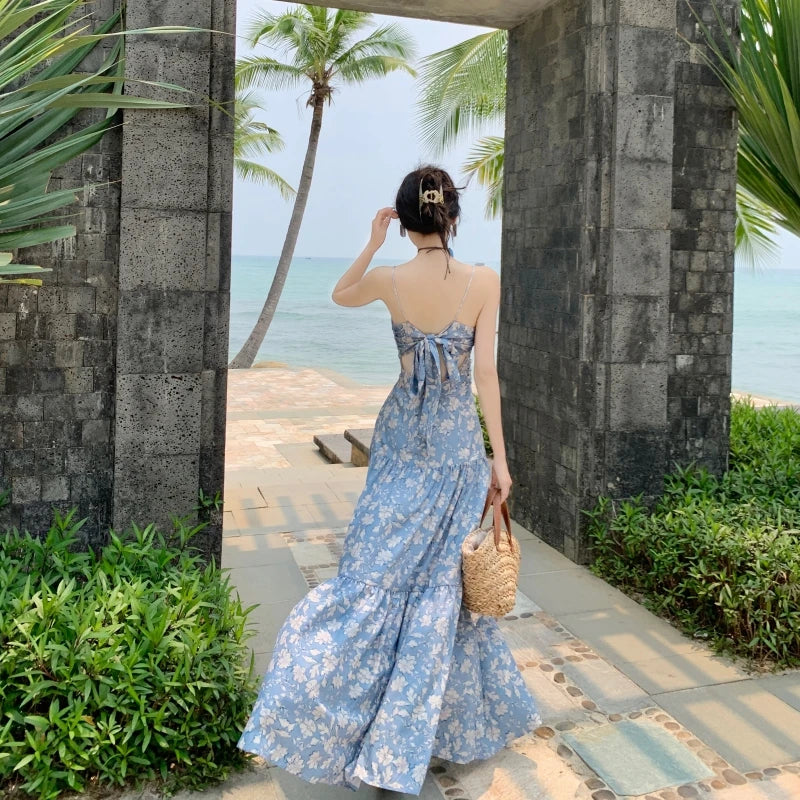 vmtvr New Summer Long Print Dress for Women Strap Sleeveless Sweet Elastick Holiday Beach Casual Dresses Female Clothing