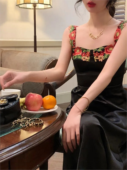 vmtvr Summer Vintage Stand Elegant Slim Romantic Party Dress Women Green Black Sleeveless Embroidery High Waist Strap Holiday Dress