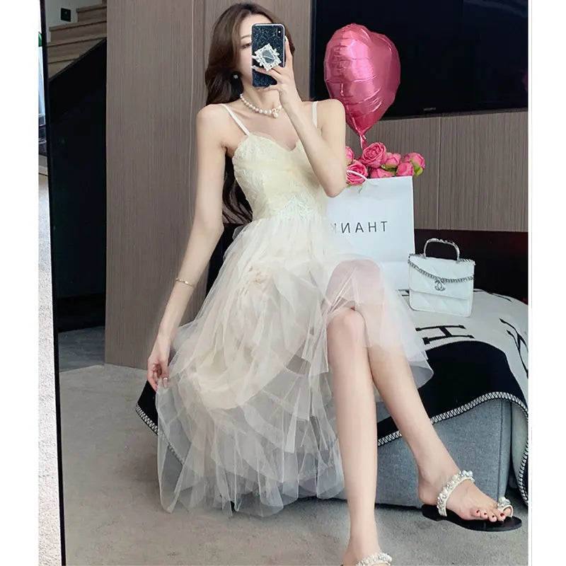 Summer Sweet Women Party White Dress Vintage Sleeveless Mesh Dress Robe Female Sundress Chic Princess A Line Midi Dress Vestido