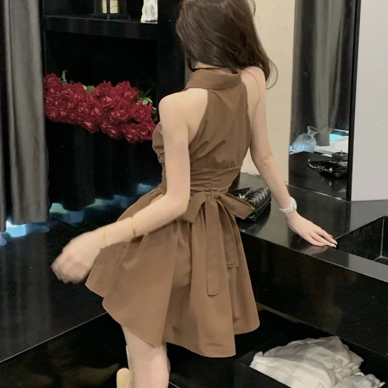 Casual Dress For Women Sexy Korean Fashion Short Dress Streetwear Summer Chic Sleeveless Y2K Elegant Party Lace Up Shirt Dresses