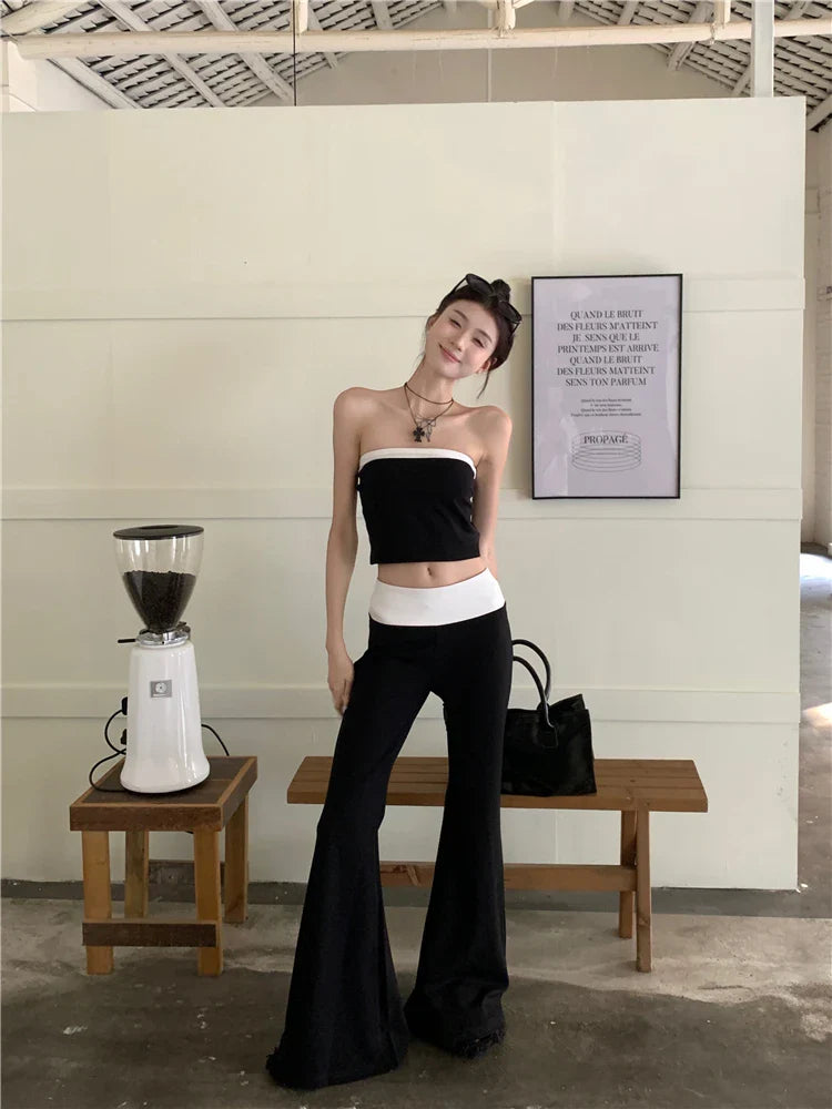 vmtvr 2024 New Temperament Fashion Gyaru Set Women Summer Contrast Color Tube Top Vest Slightly Flared Trousers Two-piece Set Fashion