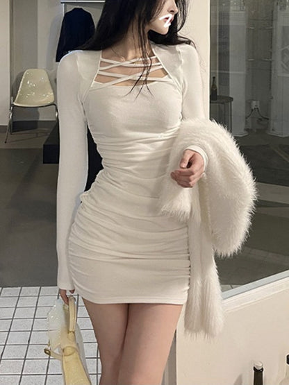 vmtvr - 2023 Spring Long Sleeve Elegant Bodycon Dress Women Casual Slim Y2k Mini Dress Office Lady One Piece Dress Korean Fashion Chic