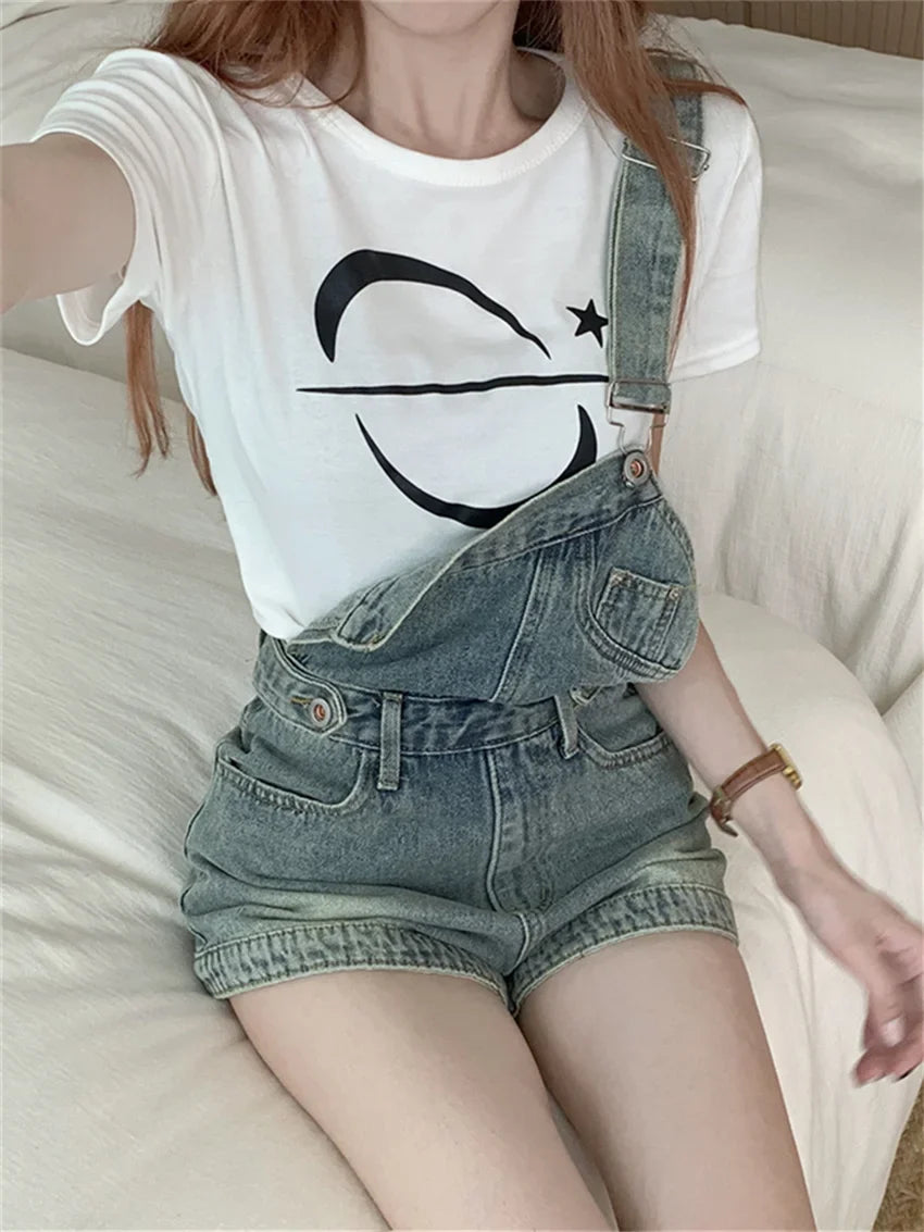 vmtvr OL Stylish New Overalls Shorts Denim Summer Loose Chic Wide Leg Vintage Office Lady Slim Jeanswear All Match