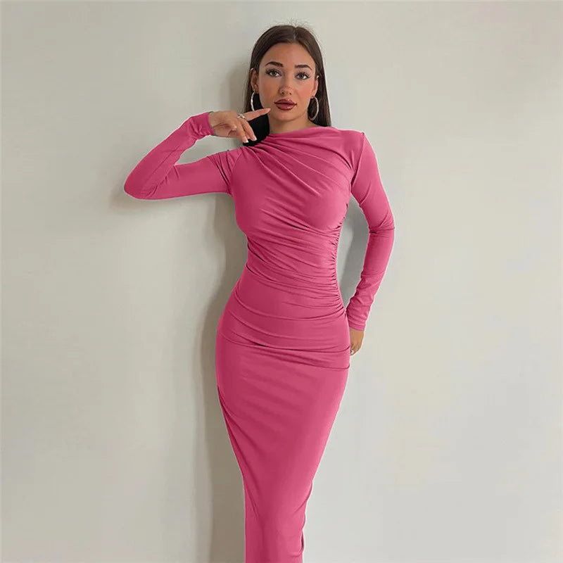 vmtvr Autumn Elegant Ruched Long Bodycon Dress Fashion Outfits for Women Club Party Slinky Sexy Dresses Birthday Robes