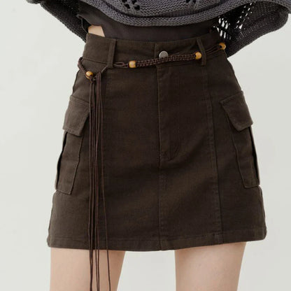 vmtvr High Waist Women Cargo Skirts Summer Fashion Bandages Streetwear Mini Skirts Korean Casual Female Pocket A Line Skirts New