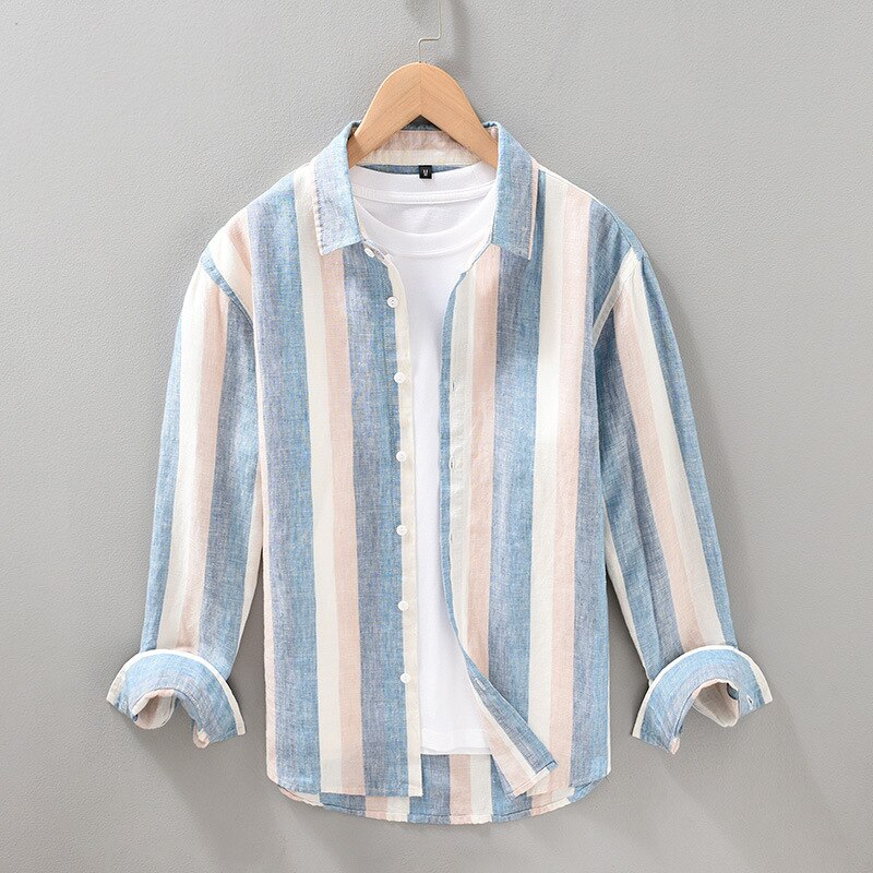 jiaabc 100% Linen Casual Striped Shirt for Mens Long Sleeve Turn-down Collar Shirts Spring New Men Dress Shirt