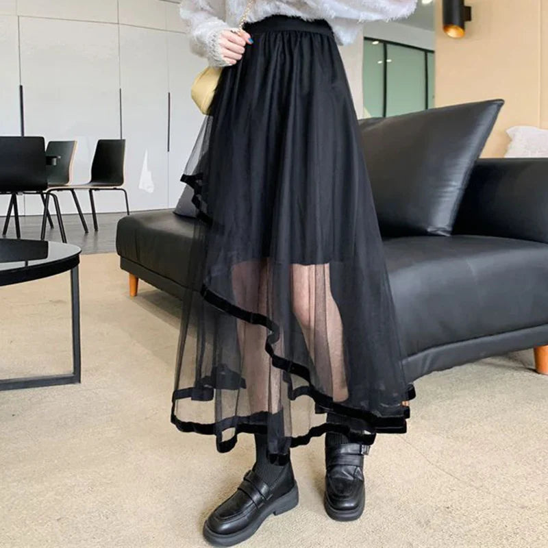 vmtvr Y2K Women Mesh Skirt Korean Irregular Patchwork A Line Midi Skirt Gothic Female Summer All Match Ball Gown Skirts New