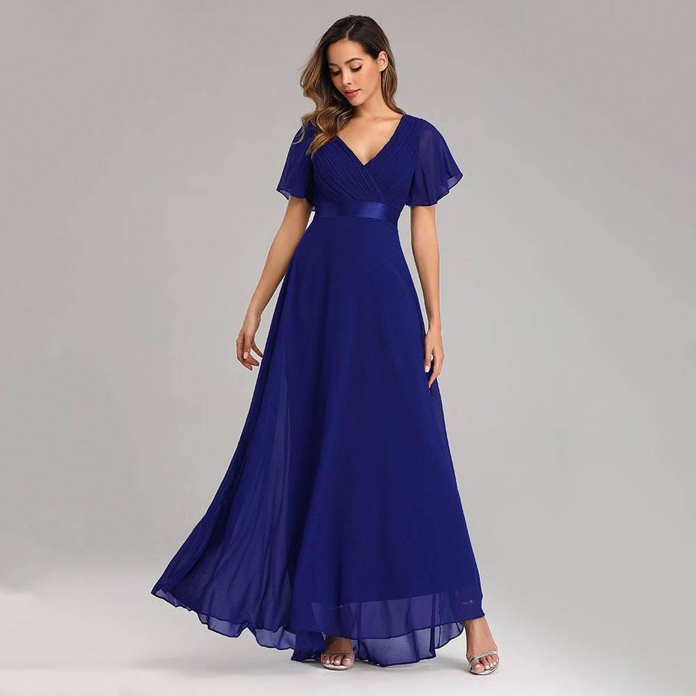 vmtvr - Evening Dresses Elegant V-Neck Ruffles Chiffon Formal Evening Gown  Robe Vestidos De fiesta Dress for Wedding Party