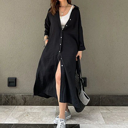 vmtvr  -  Spring Casual Solid Lazy Long Shirt Dress Women Single Breasted Split A-Line Party Dress New Autumn Long Sleeve Lady Party Dress