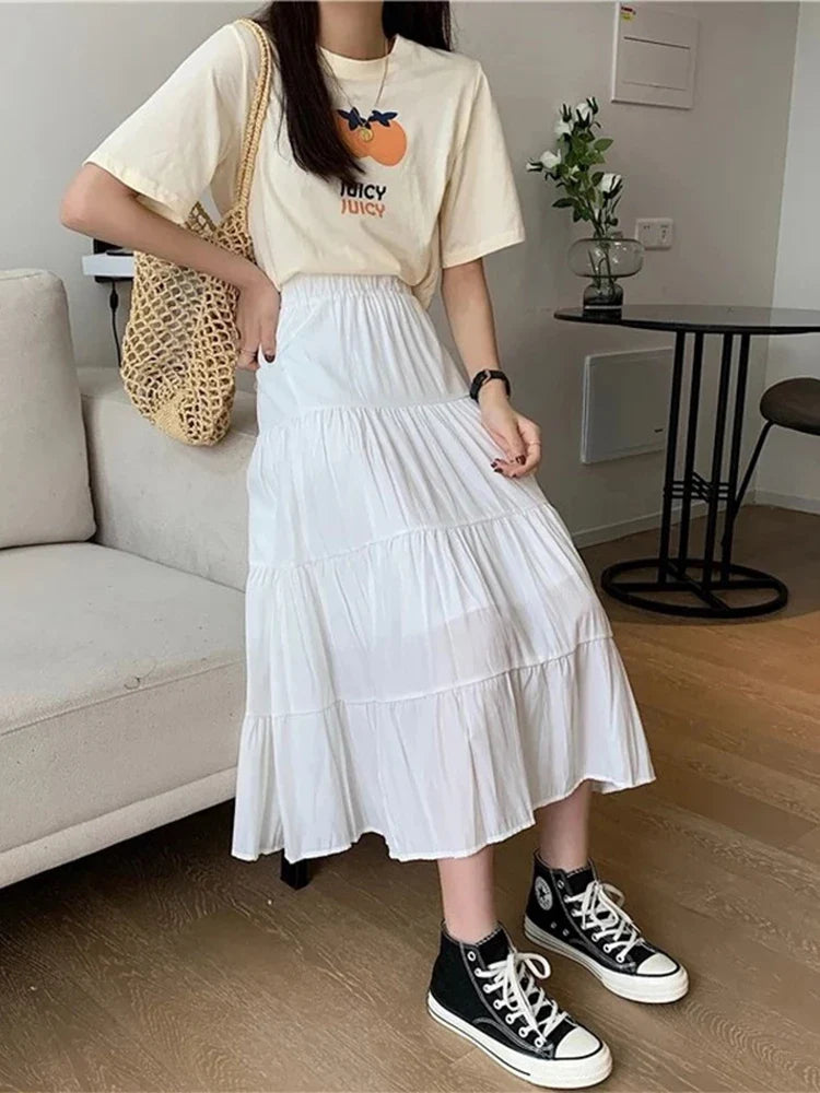 vmtvr Spring Summer Women Chiffon Skirts Vintage High Waist Elastic Patchwork White Black Chic Long Cake A-line Skirt for Student