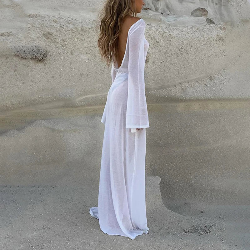 Elegant White Knit Long Sleeve Beach Dress Holiday Sexy Open Back Club See Through Summer Party Maxi Dresses Robe