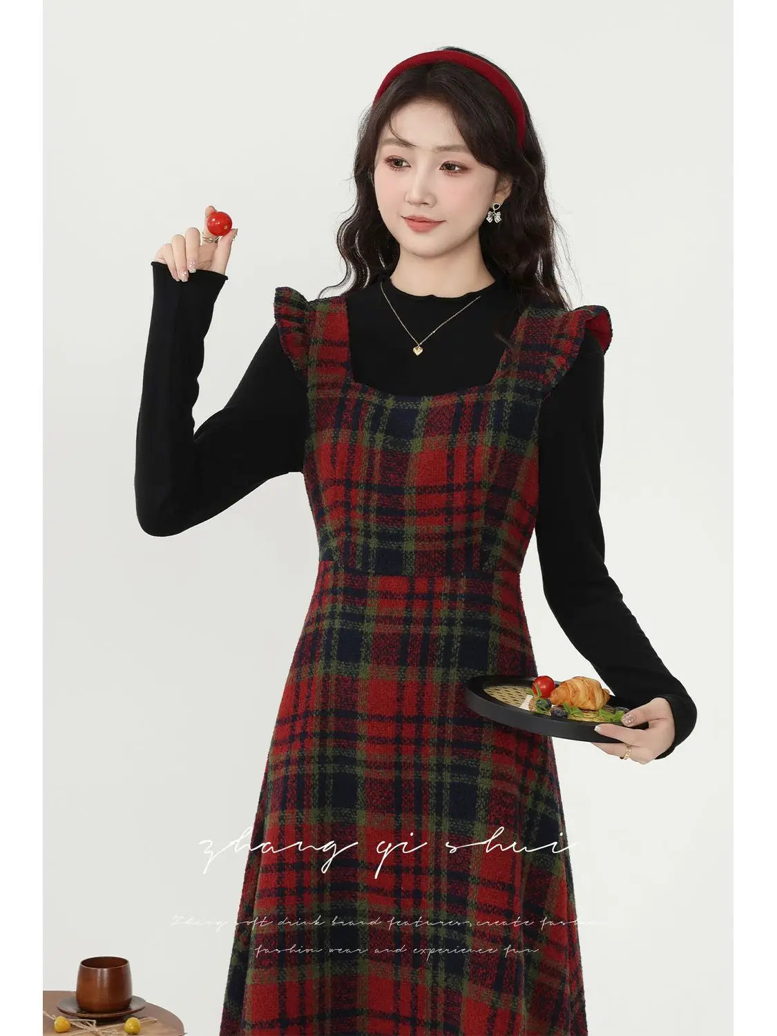 vmtvr  -  Korea Chic Feminine Vestidos Women Ruffles Elegant Retro Cute Vintage Woolen Red Plaid Shirt Dress