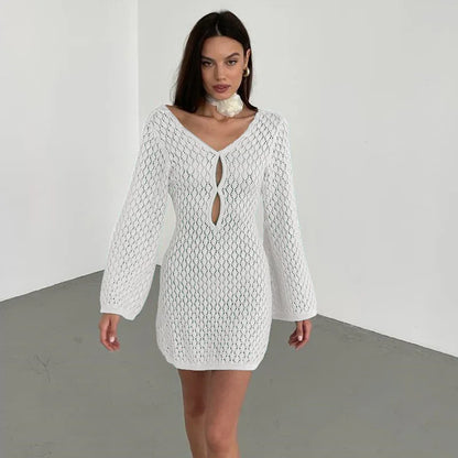 vmtvr Beige Knitted Hollow Out Mini Dress Women Long Sleeve Backless Slim Summer Beach Dress Female Fashion Sexy Cover-Ups 2024