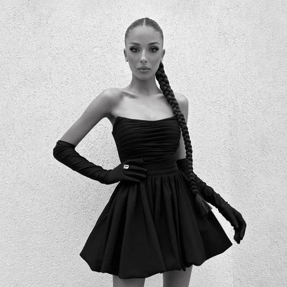 New Sexy Nightclub Birthday Party Dress Sweet Tube Top Short Skirt Hepburn Style Pleated Black DressALine Skirt Women Dress