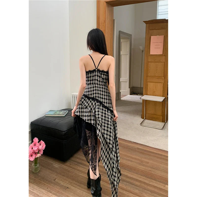 vmtvr  -  Summer Spaghetti Strap Plaid Midi Dress Women Banquet Lace Gyaru 2000s Aesthetic Vintage Irregular Frocks Party One-Piece