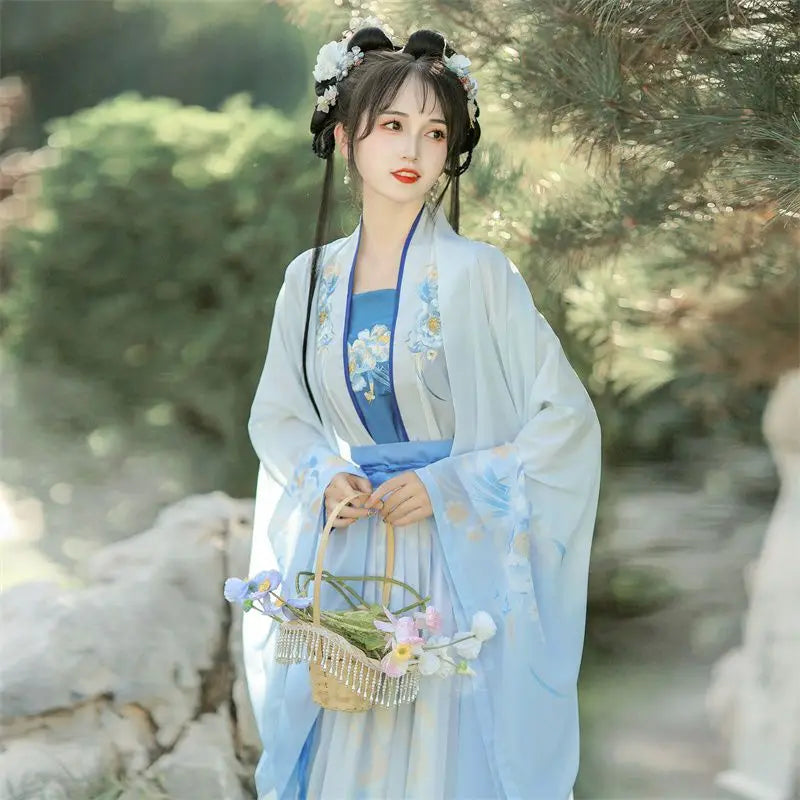 Hanfu Women Chinese Traditional Embroidery Stage Dance Dress Female Fairy Cosplay Costume Hanfu Gradient Blue&Green For Women