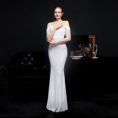 vmtvr Women Elegant Off Shoulder Luxury Evening Dress Sexy  Sequin Mermaid Dress Spaghetti Straps Silver Beading Long Party Dress New