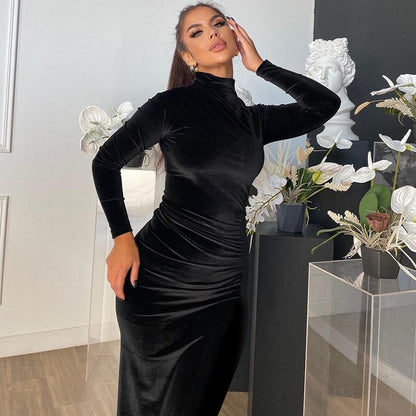 Long Sleeve Elegant Black Velvet Bodycon Maxi Dress For Women Ruched Party Evening Long Dresses  Spring Female Clothes