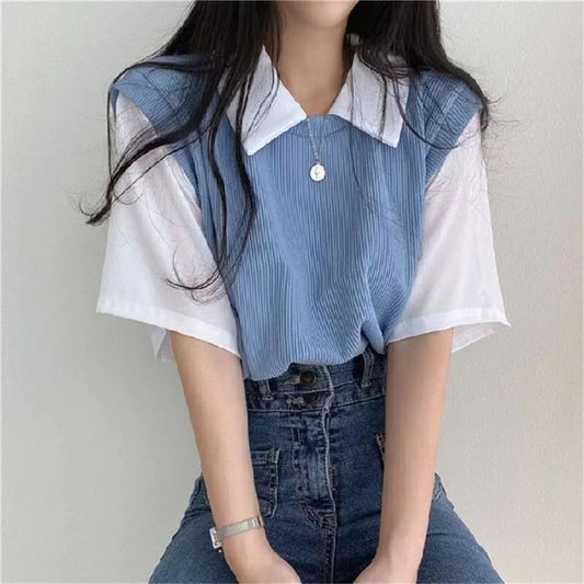 -Summer Academy Style Color Blocking Polo Collar Top Fake Two-piece Short Sleeve T-shirt Women Lazy Loose Casual Versatile Blouse