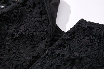 Summer Runway Water Soluble Lace Embroidery Flower Dress Women Short Sleeve Black Hollow Out Floral Party Bodycon Vestidos