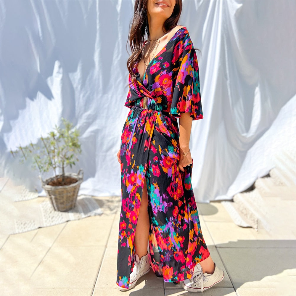 vmtvr - Elegant Casual Long Dress Ruffles Slit A Line Sexy Deep V Neck Print Floral Vestidos Boho Evening Prom Maxi Dress