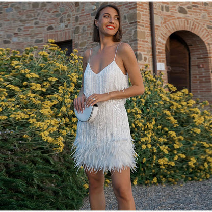 vmtvr Sequins Tassel Feather Spaghetti Strap Dress Women Fashion Sexy Stitching Mini Dresses Ladies Evening Party Club Elegant Dress