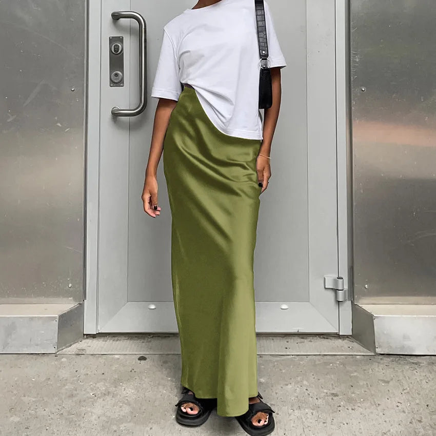 vmtvr Classic Solid Color Imitation Acetic Acid Fish Tail Skirt Spring and Summer Women's Elegant Casual Work High Waist Elastic Skirt