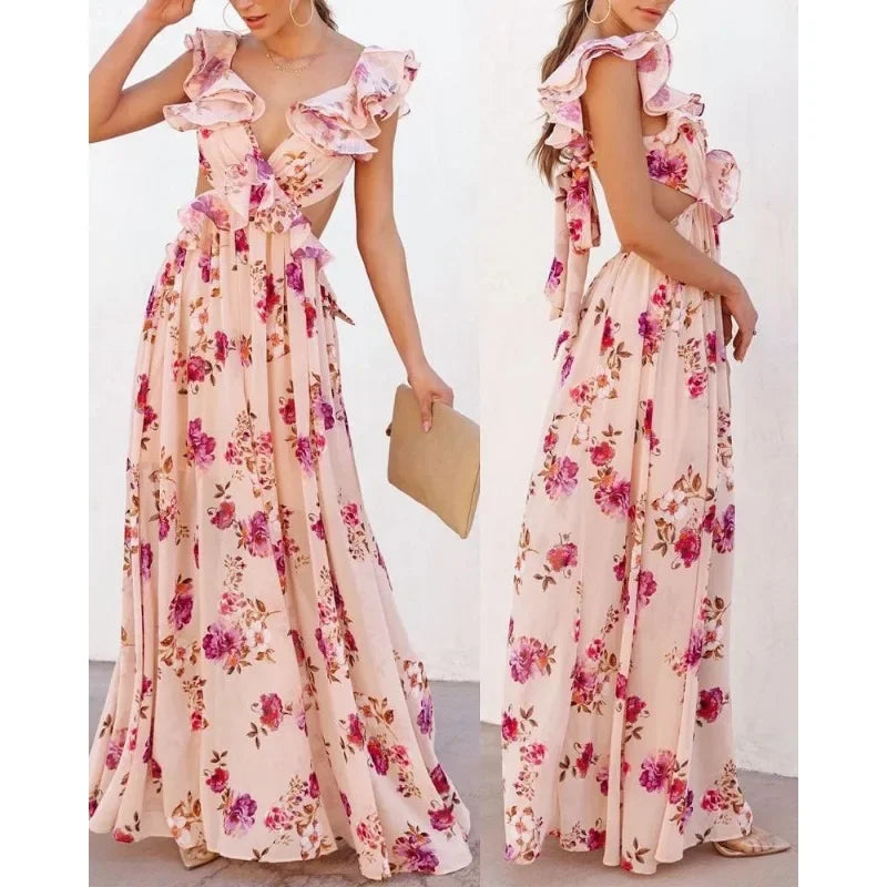 Shdowlass  -   Summer New Women's Flower Print off-the-Shoulder Stitching Backless Maxi Dress