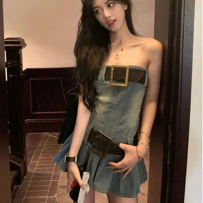 vmtvr  -  Vintage Strapless Denim Dress Women Bodycon Sexy Dress Harajuku Pleated Mini Skirt Trends Clothes Design Chic Streetwear Summer