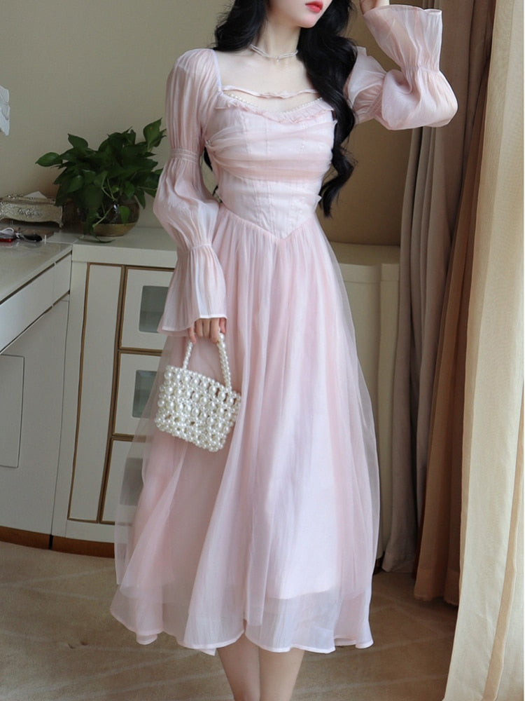 vmtvr Elegant Evening Party Midi Dress Women Bubble Sleeve French Vintage Sweet Dress Female Pink Korean Style Fairy Dress Autumn