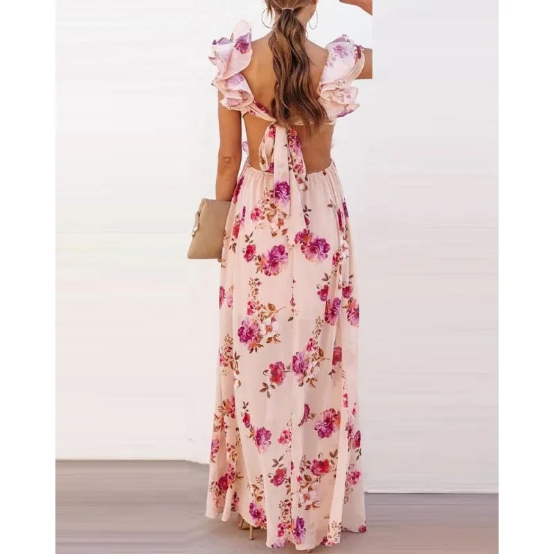 Shdowlass  -   Summer New Women's Flower Print off-the-Shoulder Stitching Backless Maxi Dress