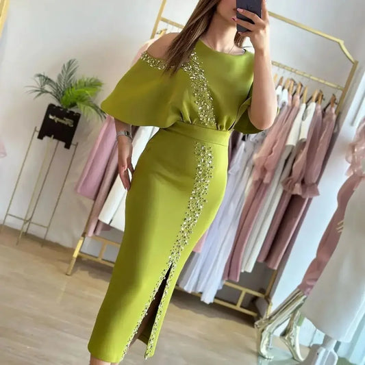 vmtvr  - Mermaid Green O-neck beaded off-shoulder cocktail party for PROM half sleeve ladies custom evening dress вечернее платье