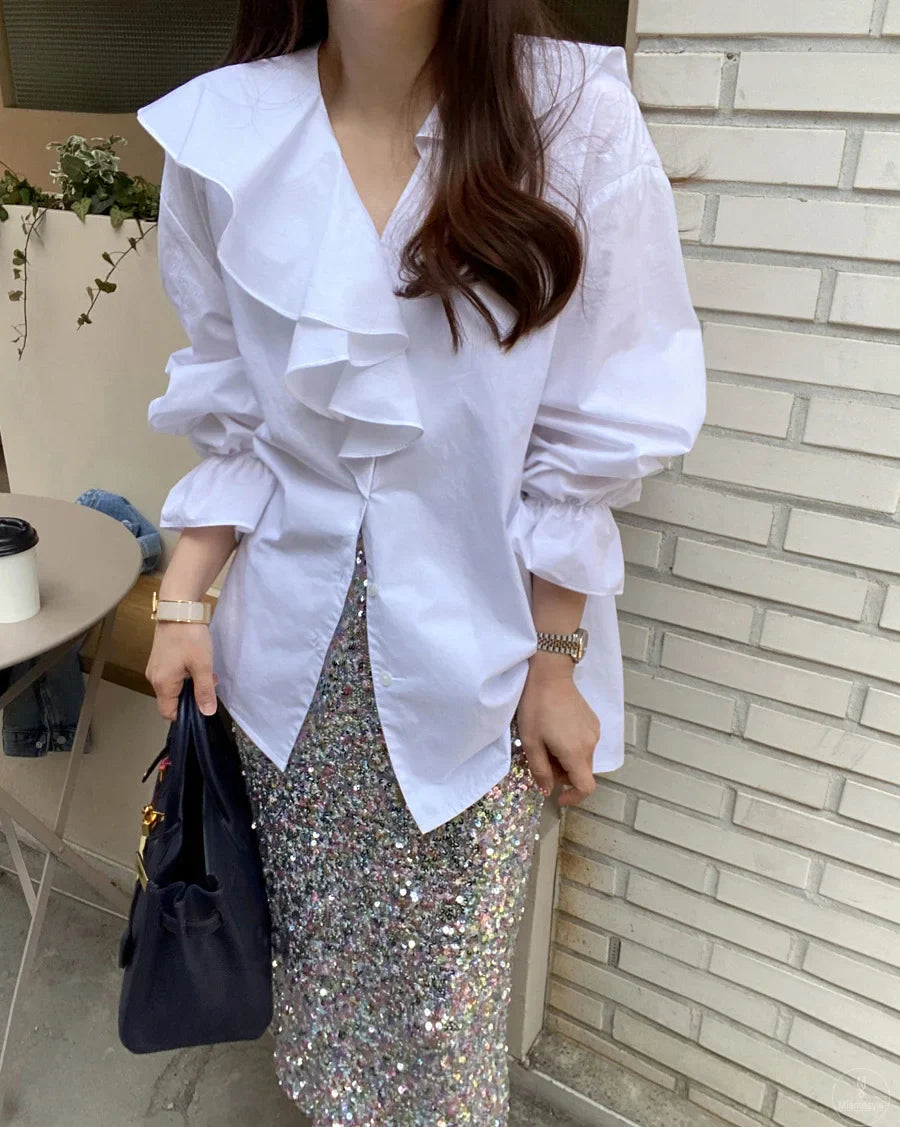 vmtvr Ruffles V-Neck Cotton Shirts Elegant Women Female Lantern Sleeve Tops Blouses Casual OL Shirt Blusas Spring Summer