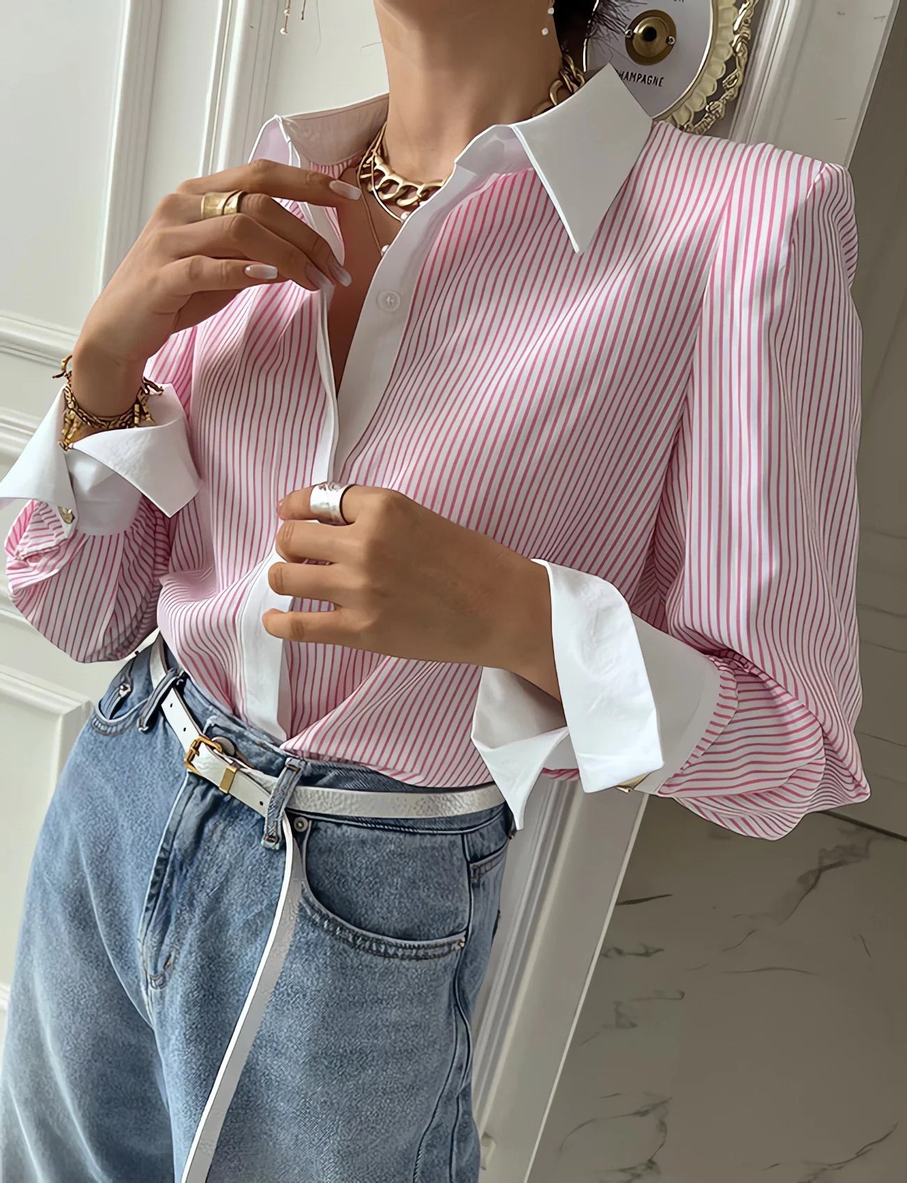 vmtvr Chic Casual Lapel Women Patchwork Striped Blouses Tops 2024 Spring Summer Long Sleeve Loose Single-breasted Female Shirts T906