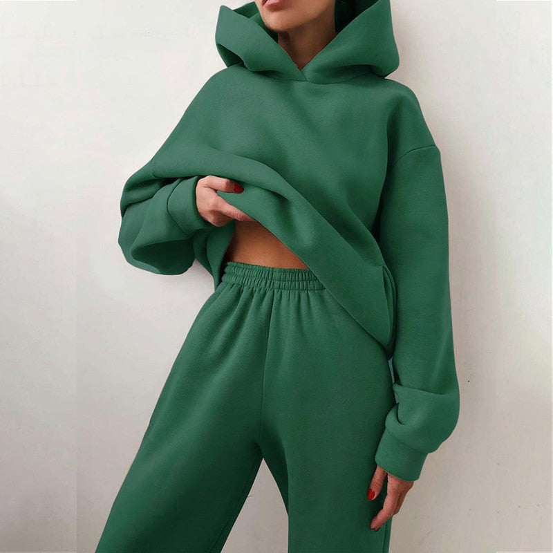 Fleece-Lined Tracksuits Women Casual Solid Warm Suits Hoodies Sweatpants Autumn Winter Pullover Sweatshirts Pants 2 Piece Set