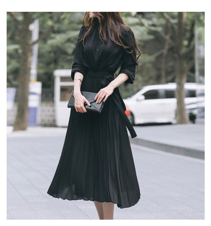 vmtvr Elegant Chiffon Long Sleeve Shirt Dress Women Belt Lace Up A-line Pleated Maxi Dress Korean Fashion Fall Clothes Streetwear