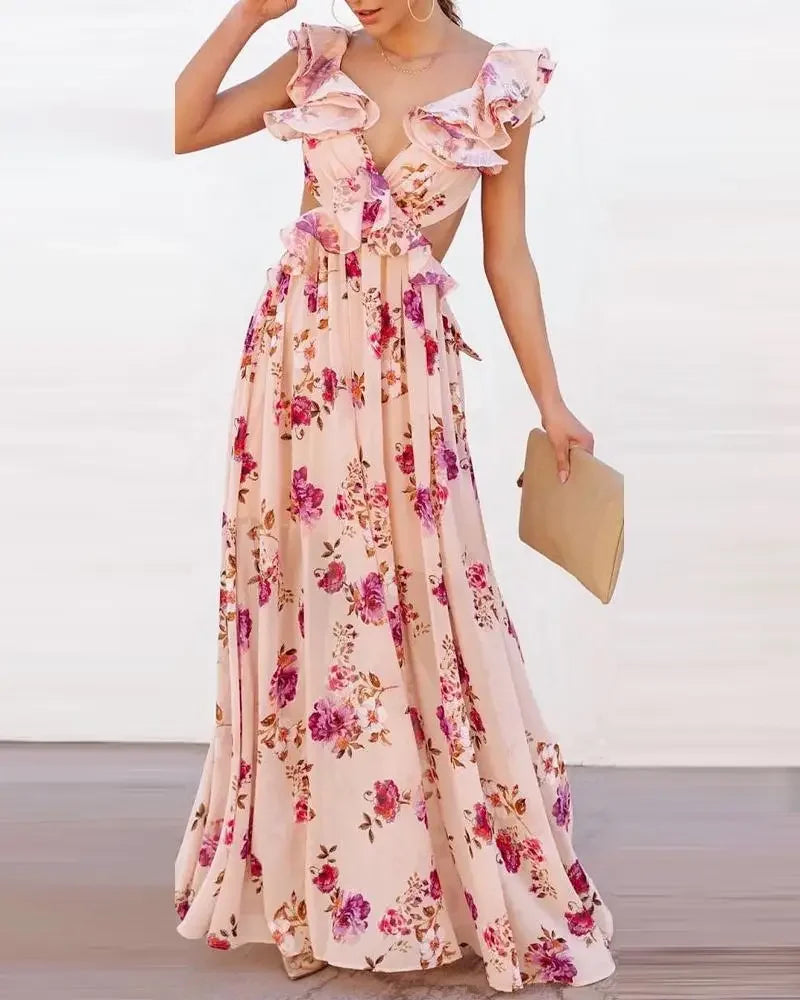 Shdowlass  -   Summer New Women's Flower Print off-the-Shoulder Stitching Backless Maxi Dress