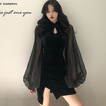 Women&#39;s Cheongsam Qipao Dress  Velvet Side Split Lantern Sleeve Slim Fit Long Sleeves Dress Mandarin Collar  Mini Dress