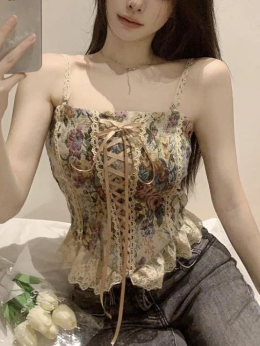 vmtvr France Vintage Print Sleeveless Tops Women Lace Elegant Party Princess Strap Top Female Korean Style Sweet Clothing Summer