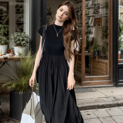 vmtvr  -  Long Dresses Womens Dresses New in Black Dress Summer Stitching Short Sleeve Round Neck Waist Slim Long Skirt High-End Women