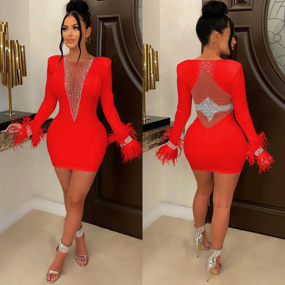 Sexy Women Mini Dress Feathers Sheer Mesh Diamond Streetwear Party Night Slim Fitness Dresses For Women Vestidos