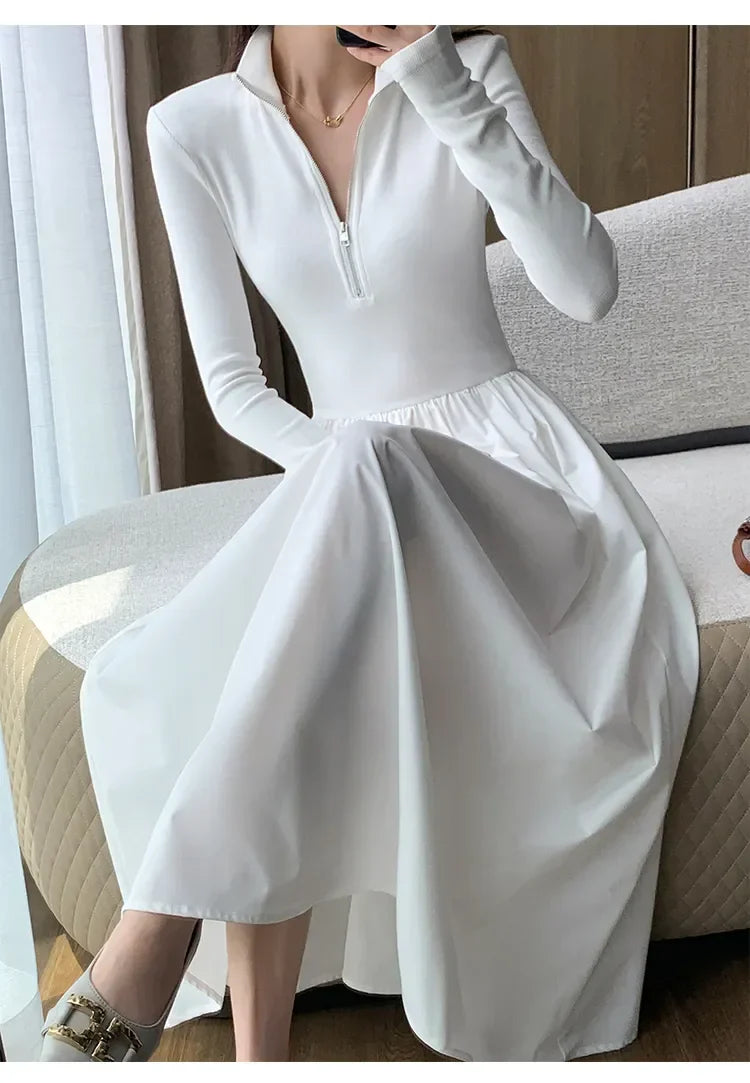 vmtvr  -  Korean Vintage White Long Sleeve Knitted Midi Dresses for Women Autumn Casual Fashion Slim Elegant Party Female Clothing